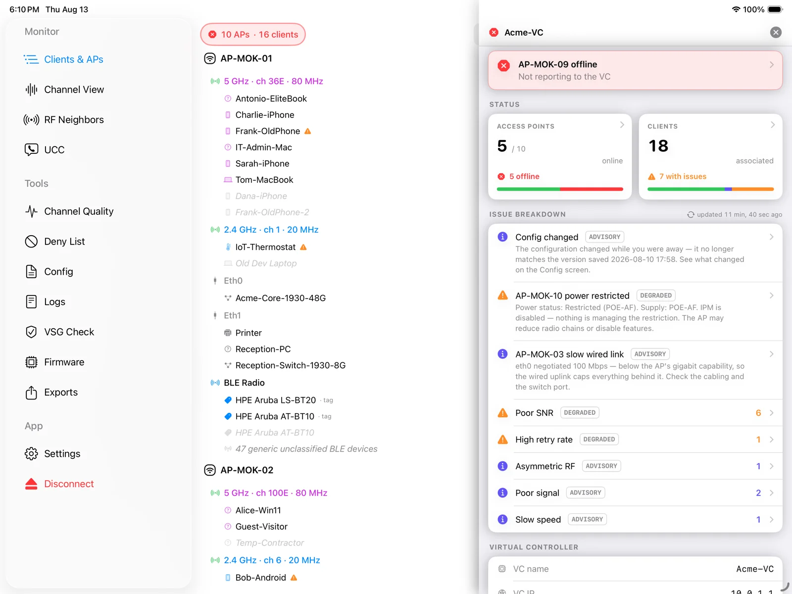 IAPViewer on iPad: the Clients & APs hierarchy alongside the cluster dashboard panel — status tiles, an offline-AP alert, and the automatic issue breakdown